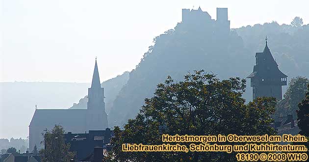 Herbstmorgen in Oberwesel am Rhein: Liebfrauenstrae, Schnburg und Kuhhirtenturm.