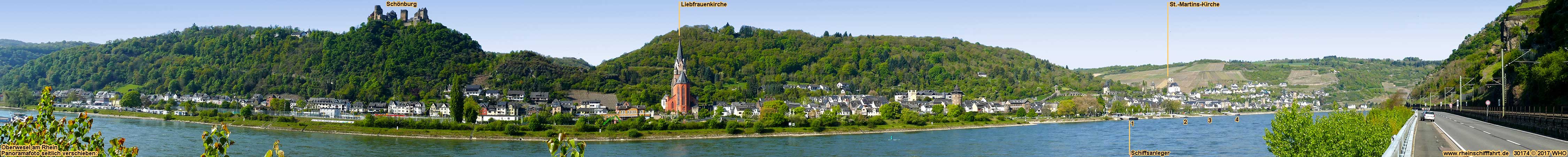 Oberwesel am Rhein, Blick von der rechten Rheinseite (links die Liebfrauenkirche).