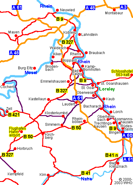 Landkarte Mittelrhein mit Rheinverlauf zwischen Bingen, Koblenz und Flughafen Hahn im Hunsr�ck.