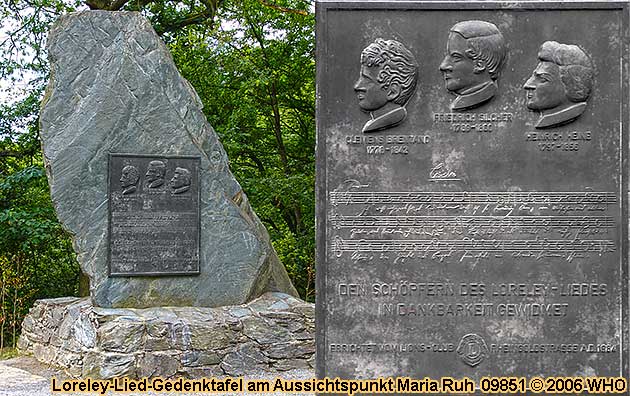 Loreley-Lied-Gedenktafel am Aussichtspunkt Maria Ruh gegenber der Loreley im Landschaftspark in Urbar zwischen Oberwesel und St. Goar am Rhein.